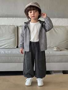 Dazy Kids Young Boy Striped Casual Colorblock Sweatshirt + Jogger Pants Set - Grey - View 7