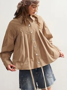 Bohemela Women's Solid Color Long Sleeve Pleated Design Single-Breasted Casual Regular Fit Jacket - Khaki - View 6