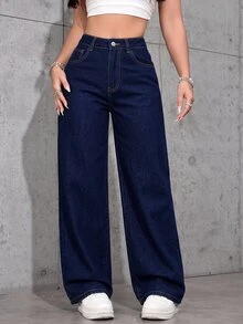 SHEIN PETITE 女款高腰口袋寬腿寬鬆休閒牛仔褲 - 深色水洗藍 - 查看 1