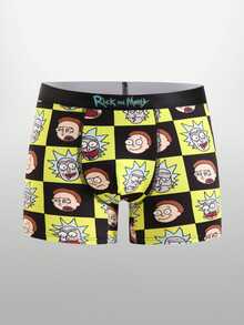 Rick and Morty X SHEIN سروال داخلي رجالي بطبعة كرتونية وحروف، كاجوال للاستخدام اليومي - الأسود - مشاهدة 1