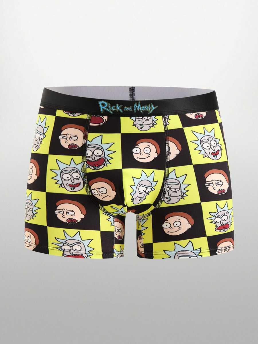 Rick and Morty X SHEIN سروال داخلي رجالي بطبعة كرتونية وحروف، كاجوال للاستخدام اليومي - الأسود - مشاهدة 1