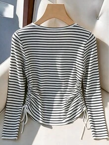 GlowEve CURVE Plus Size Hot-Selling Elegant V-Neck Knitted Ribbed Ribbed Long Sleeve T-Shirt, Slimming Waist Drawstring Single-Breasted Design, Suitable For Daily Commute, Versatile Party And Travel Outfit Top - Multicolor - View 2
