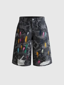 ROMWE Street Life Y2K Music Festival Casual Street Graffiti Ink Print Washed Light Blue Versatile Women's Jeans - Grey - View 1