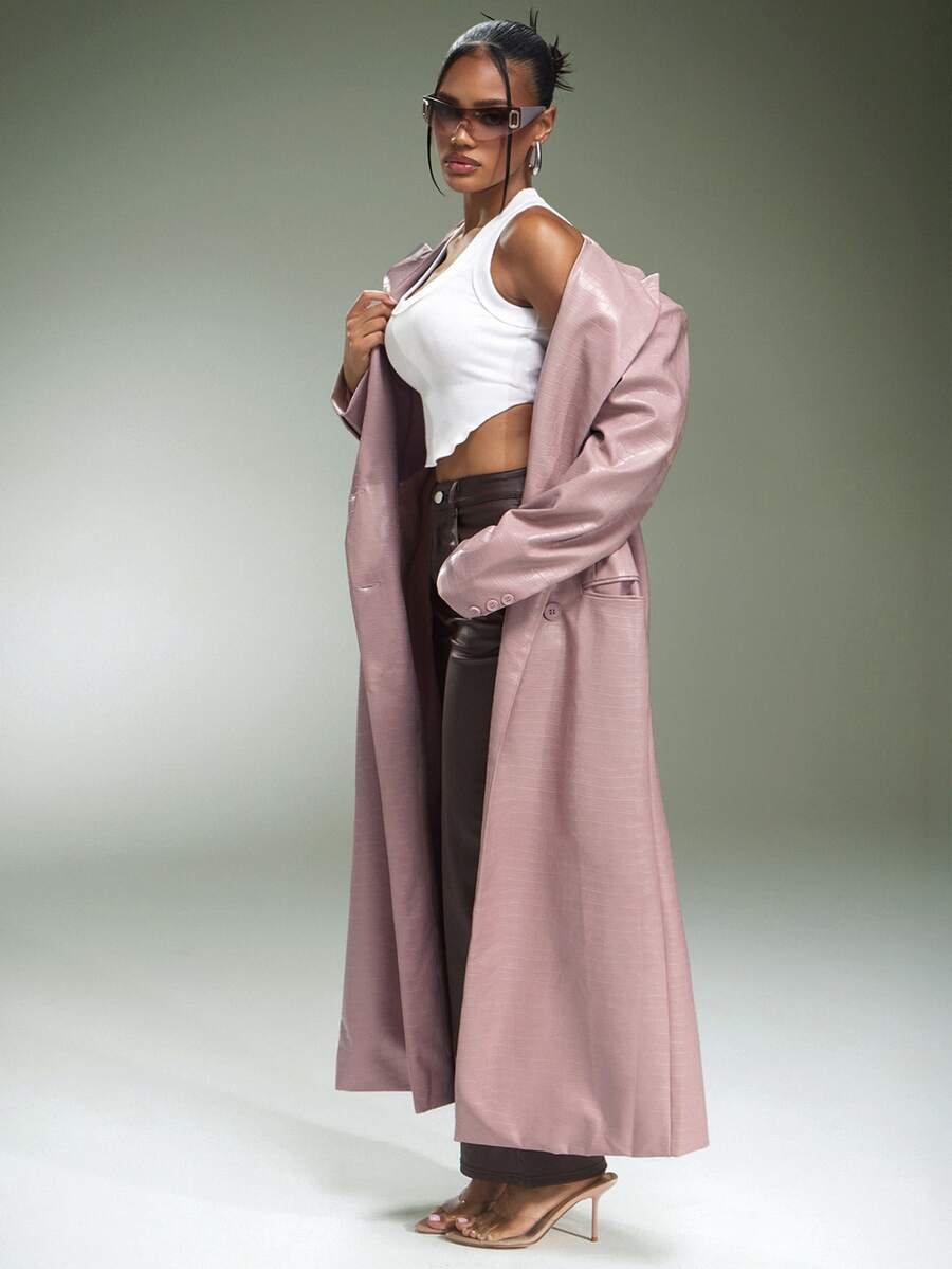 Denimoi Women's Street Style Button Long Sleeve PU Material Coat - Pink - View 1
