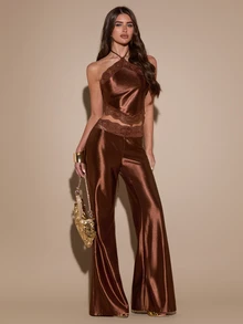 SHEIN BAE Spring/Summer Brown Spaghetti Strap Lace Backless Camisole 2 Pieces Set, Cropped Triangle Top & High-Waisted Flared Long Pants, Soft & Sexy Date Casual Outfit - Brown - View 4