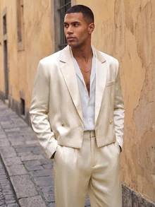 HIMLAND Men's Solid Color Long Sleeve Jacket And Pants Casual Suit Set - Apricot - View 3
