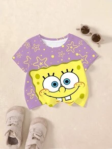 SpongeBob SquarePants | SHEIN 女嬰星星印花圓領短袖休閒T恤 - 白色 - 查看 1