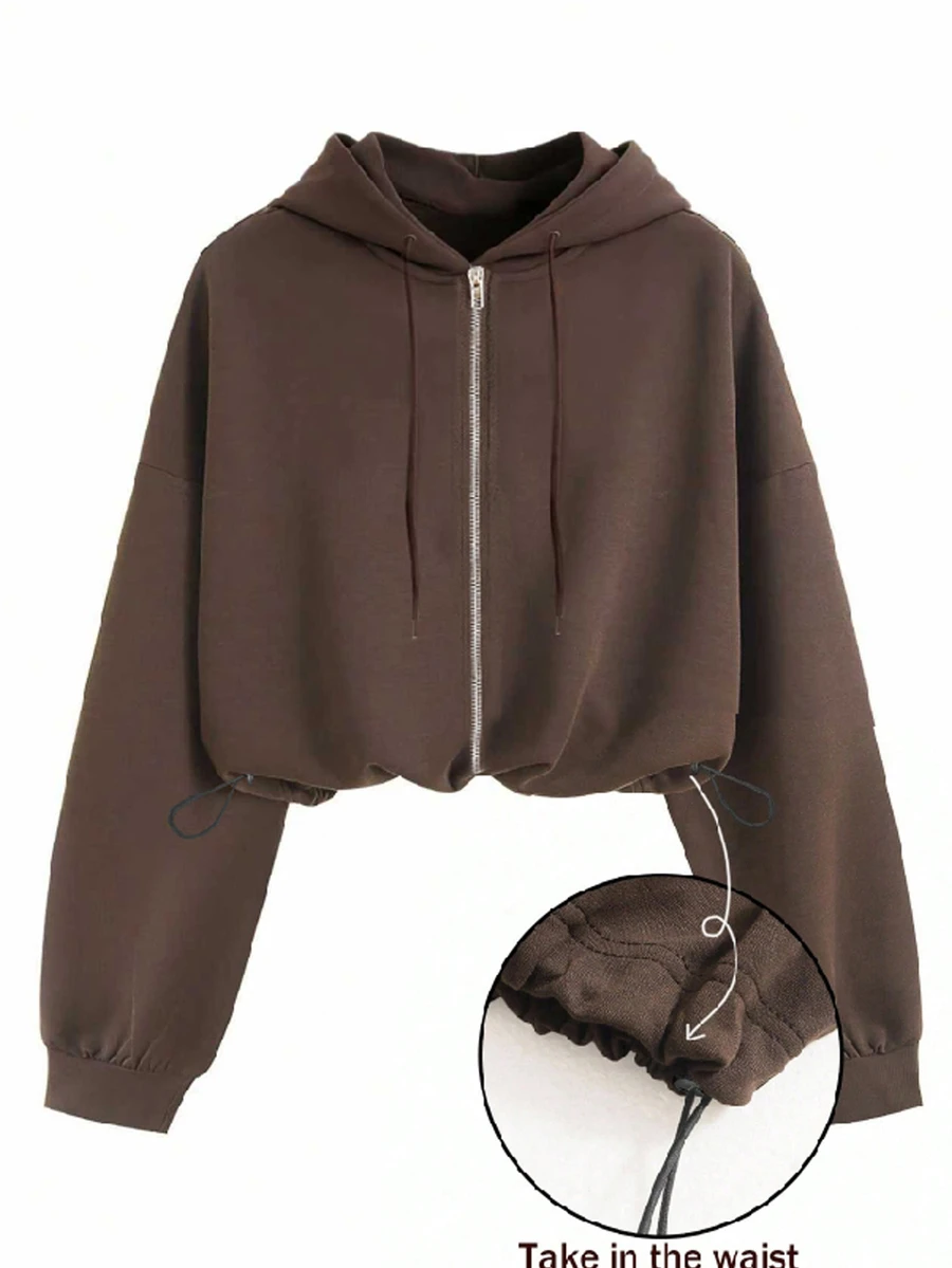 QUELARIE Women's Casual Loose Waist-Cinching Hooded Sweatshirt, Autumn/Winter Zip-Up Jacket - Rust Brown - View 1