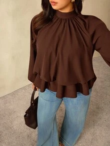 Auralis Coffee Brown Raglan Long Sleeve Plus Size Loose Waist Elastic Ruffle Hem Pullover Blouse Casual Top Elegant Office Formal Business Work Women Autumn - Brown - View 4