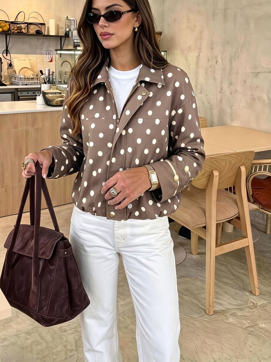 Serisse Women's Polka Dot Casual Versatile Daily Wear Long Sleeve Jacket - Brown - View 1