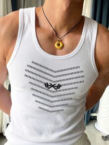 Men's Striped Barbell Print Daily Fitness Sports Tank Top - White - View 1