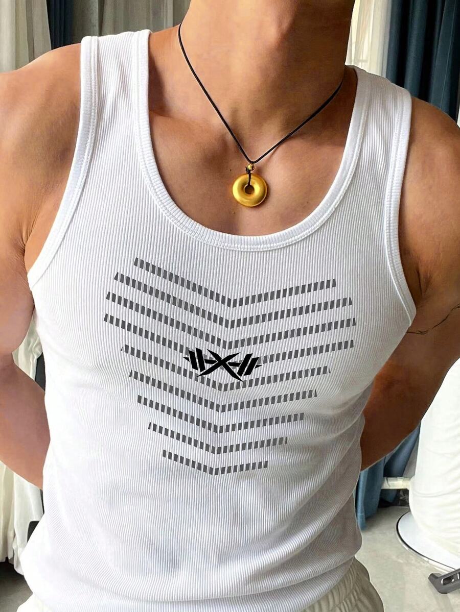 Men's Striped Barbell Print Daily Fitness Sports Tank Top - White - View 1