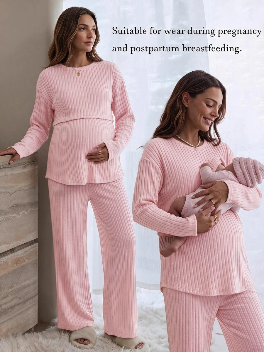 Slowluna Maternity Solid Color Nursing Long Sleeve Top And Adjustable Waist Long Pants Casual 2 Pieces Set - Pink - View 1