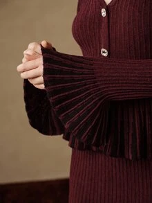 Anewsta Women's Autumn/Winter V-Neck Rhinestone Button Colorblock Ruffle Knit Sweater & Mermaid Skirt 2 Pieces Set - Red Violet - View 4