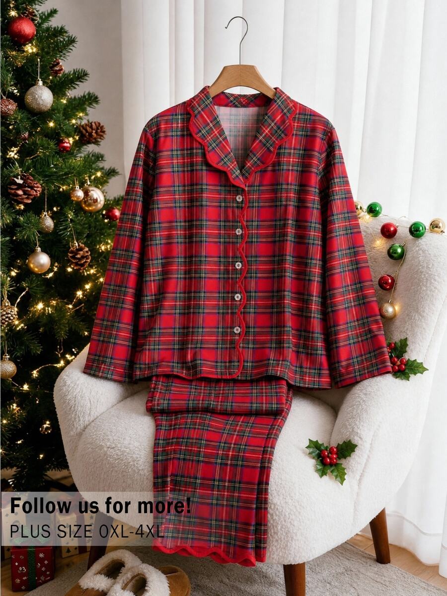 Lounesse Plus Size Women's Plaid Long Sleeve Top And Pants Casual Daily 2 Pieces Set - Red - View 1