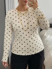 Dazy Plus Korean Style Polka Dot Fitted T-Shirt, Autumn Layering - Beige - View 4