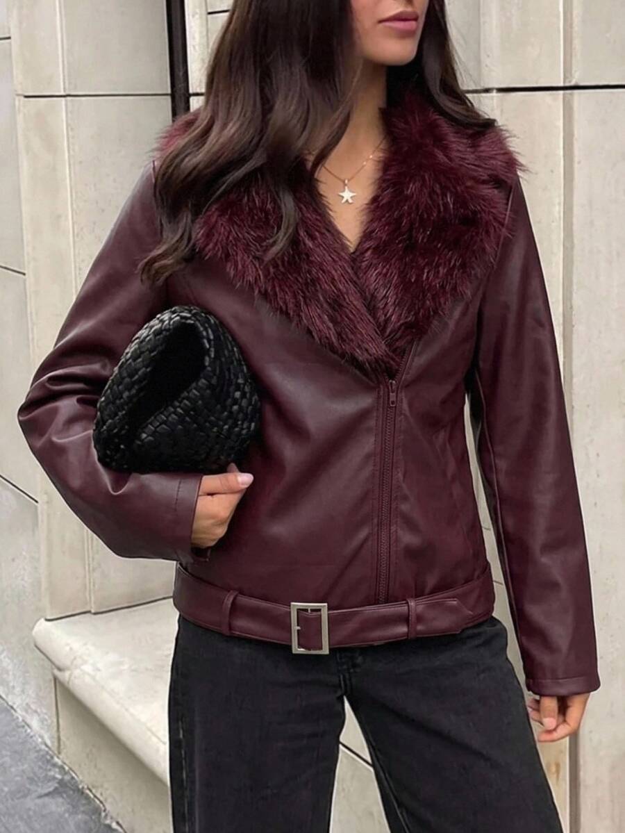 Aloruh Women's Autumn/Winter Burgundy PU & Fur Patchwork Jacket, Casual Versatile Outerwear