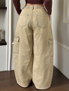 Dazy Plus Vintage Washed Denim Side Pocket Heavy-Duty Curved Leg Jeans, Blogger Casual Streetwear All-Season Style - Khaki - View 2