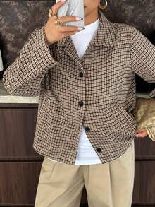 Dazy Plus Plus Size Women's Plaid Casual Versatile Daily Travel Long Sleeve Jacket - Khaki - View 5