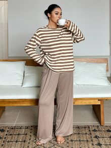 Dazy Plus Striped Top And Pants 2-Piece Set, Casual Loungewear Pajama Set - Khaki - View 1