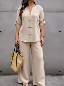 Weeklong Plus Size New Chinese Frog Button 2‑Piece Outfit, Roll‑Up Sleeve Top & Loose Wide Leg Trousers - Khaki - View 4