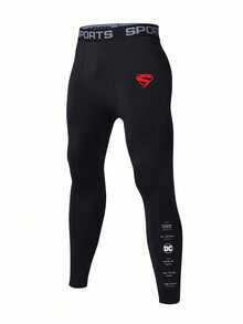 SUPERMAN X SHEIN Gym Rark Men's Letter Print Raglan Long Sleeve T-Shirt, Shorts And Leggings Sports Set - Black - View 5