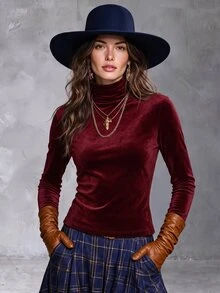 Solivie 女款秋季天鵝絨長袖T恤，天鵝絨打底衫秋季穿搭優雅女式襯衫職場穿著時尚上衣派對 - 酒紅色 - 查看 6