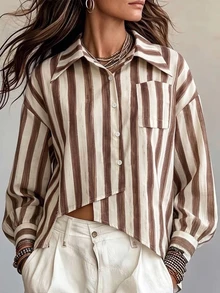 SHEIN Franclia Women's Striped Casual Versatile Daily Commute Shirt - Coffee Brown - View 3