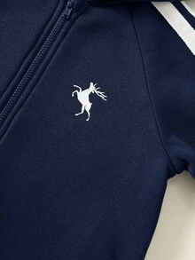 SHEIN Jumpsuit Bayi Laki-laki Motif Kuda Rajut Lembut Lengan Panjang Berkerudung Musim Dingin Serbaguna dan Nyaman - Navy Blue - View 3