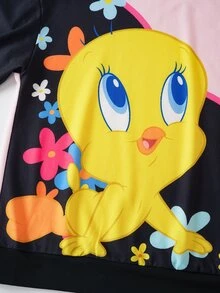 LOONEY TUNES X SHEIN Sudadera de manga larga con estampado de dibujos animados y bloques de color, talla grande, para otoño - Negro - Ver 4
