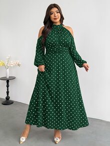 Firerie 大尺碼女款波點休閒派對洋裝 優雅棕色波點洋裝 秋冬女款優雅婚禮賓客洋裝 - 綠色 - 查看 3