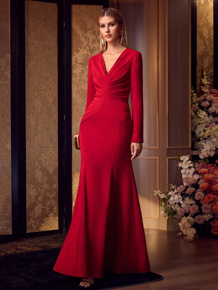 MOTF Soiréza WOMEN'S SOLID COLOR V-NECK PLEATED ELEGANT WAIST-CINCHING COCKTAIL PARTY DRESS - Red - View 1