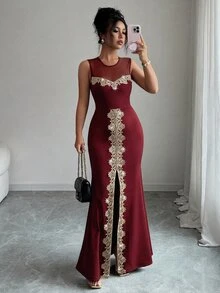 Elenzga 優雅女款襯衫，網紗肩部設計與荷葉邊下擺，修身顯腰線 - 酒紅色 - 查看 6