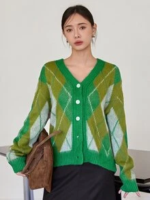 Dazy-Less Women's Olive Green Round Neck Button Cable Knit Long Sleeve Fitted Ribbed Cardigan, Fall/ Brunch Casual Preppy - Green - View 1