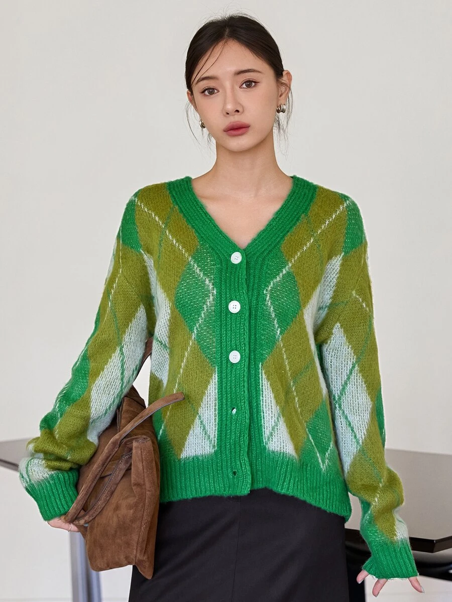 Dazy-Less Women's Olive Green Round Neck Button Cable Knit Long Sleeve Fitted Ribbed Cardigan, Fall/ Brunch Casual Preppy - Green - View 1