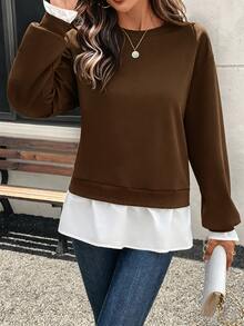 LanaWest Women's Casual Contrast Color Patchwork Design Pullover Sweatshirt Graduation,Back To School,Graduation,Teacher For Women,Back To School Fall - Brown - View 5