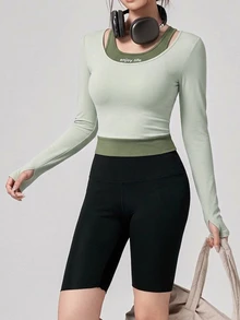 DAZY Women's 2 In 1 Patchwork Casual Daily Sports T-Shirt - Green - View 2