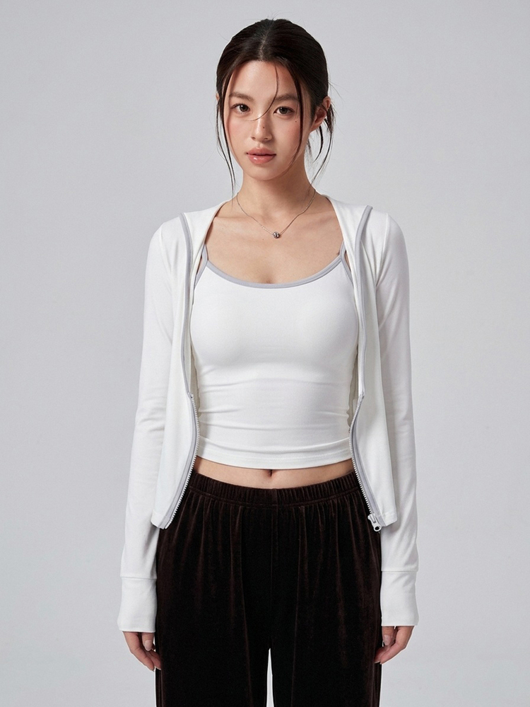 DAZY 女款拼色細肩帶背心與長袖上衣休閒運動套裝 - 白色 - 查看 2