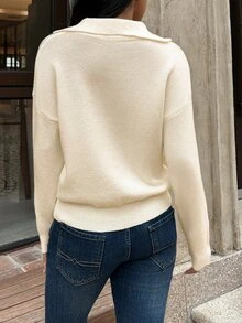 Autumina 女款純色V領寬鬆大碼針織毛衣，長袖上衣，秋冬針織套頭衫 - 杏色 - 查看 2