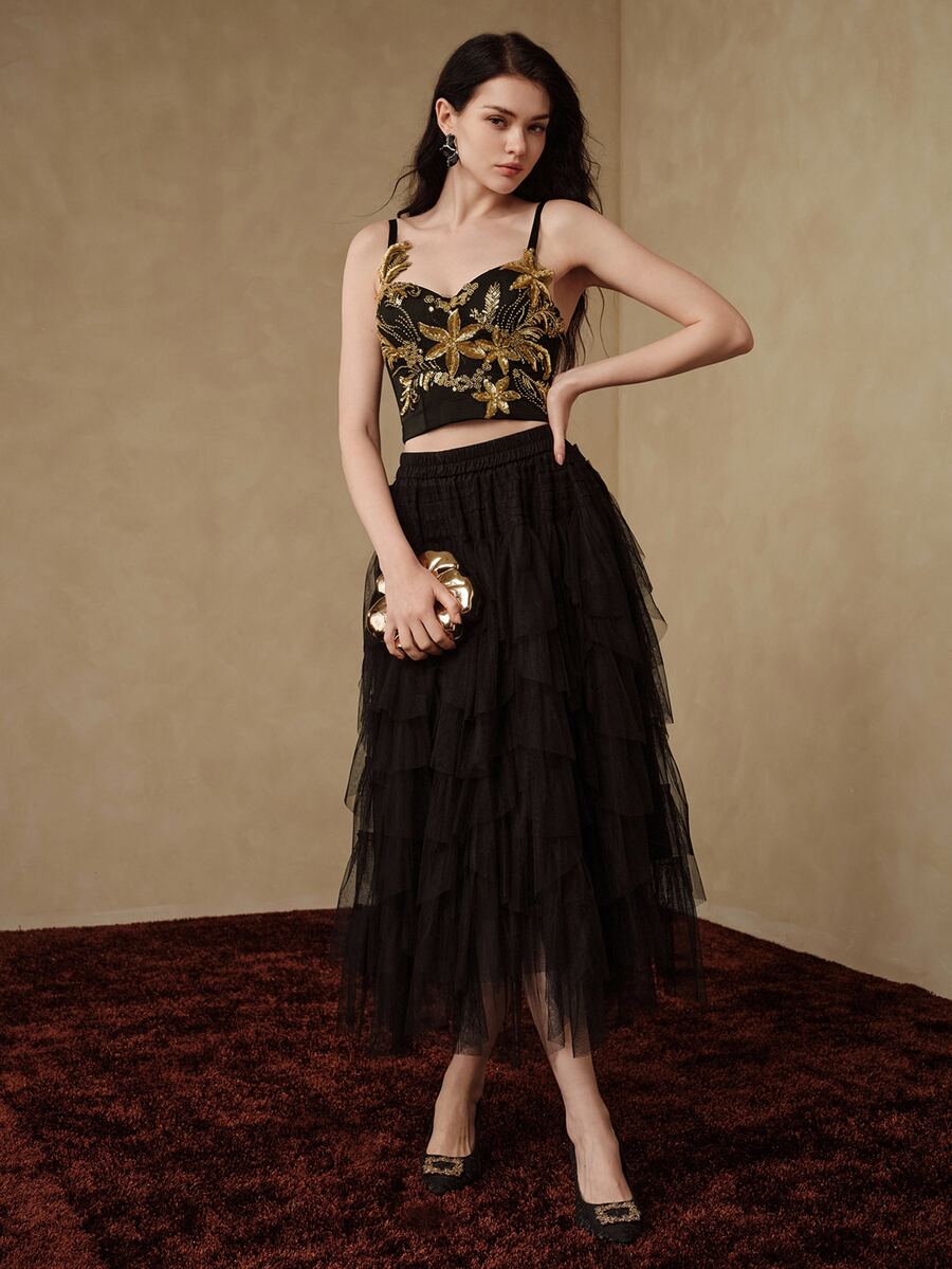 Anewsta Women's Glamorous Party Patchwork Sequin & Beaded Decor Backless Cropped Camisole - Black and Gold - View 1