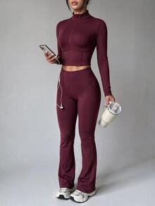 SHEIN Dewbera Women's Solid Color Casual Versatile Daily Travel Sports Jacket - Burgundy - View 1
