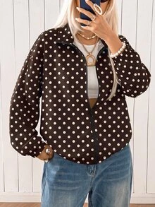 SHEIN EZwear 女款波點拉鍊休閒百搭長袖夾克 - 棕色 - 查看 7
