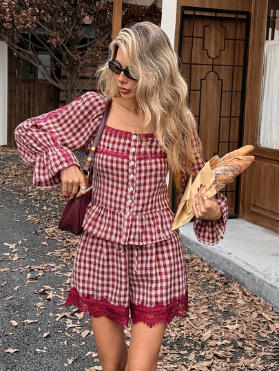SHEIN Frenchy Women's Plaid Square Neck Long Sleeve Button Design Shirt And Contrast Lace Shorts Casual 2 Pieces Set