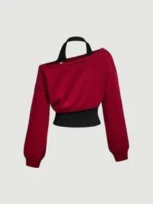SHEIN MOD Women's Asymmetric Shoulder Eyelet Design 2 In 1 Halter Neck Sweatshirt - Burgundy - View 2