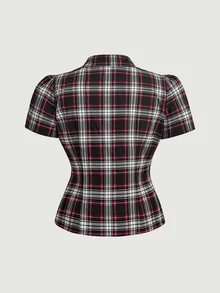 SHEIN MOD 大尺碼秋冬格紋襯衫，學院風，休閒日常穿搭，年輕女性通勤 - 彩色 - 查看 2