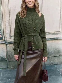 Dayvera Women's Autumn/Winter Casual Daily Commute Cable Knit Belted Button-Front Cardigan And High Neck Sleeveless Knit Top Set - Army Green - View 5