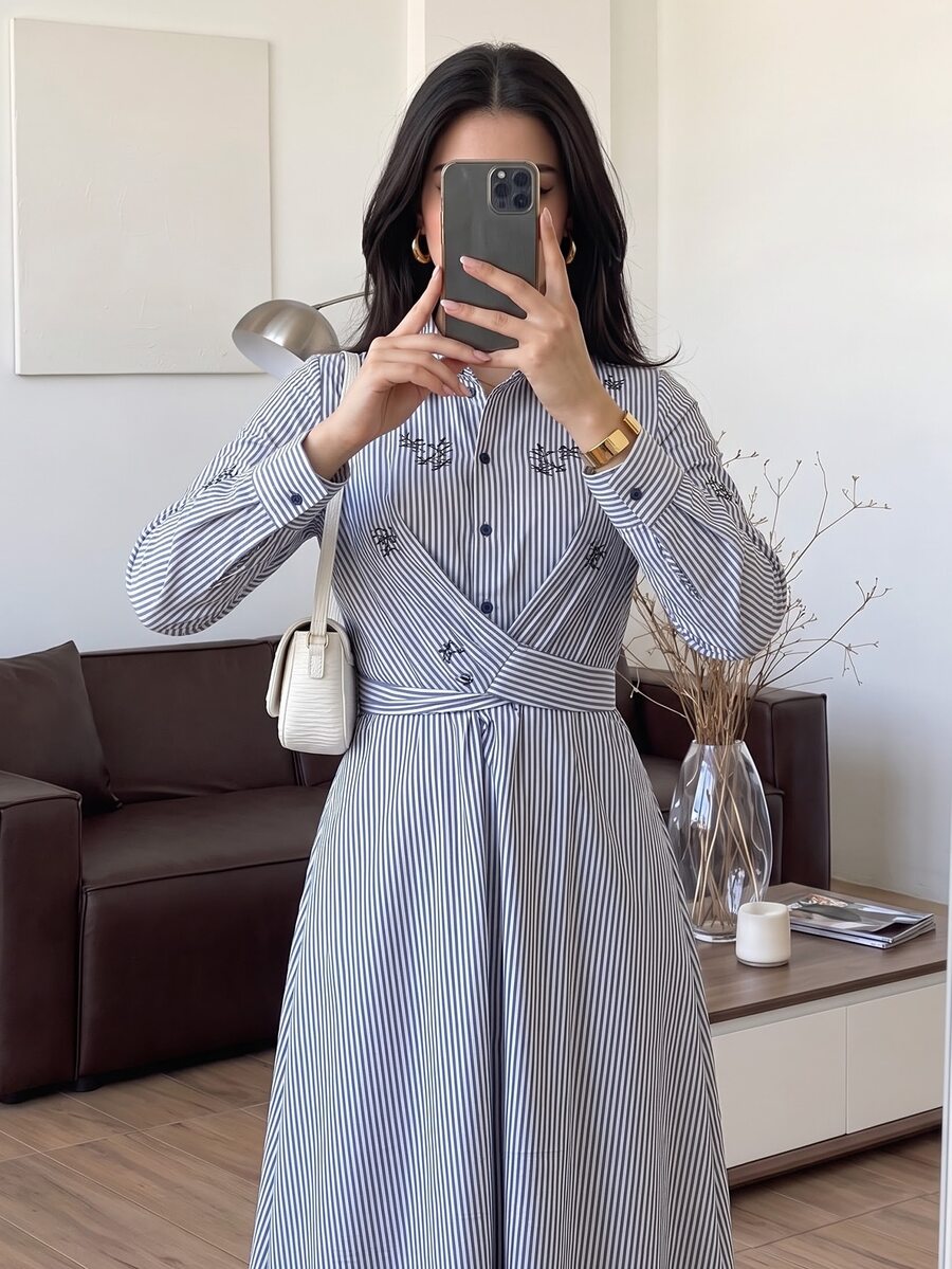 Solavon Women's Embroidered Design Striped Long Sleeve Button Half-Placket Casual Shirt Long Dress - Blue and White - View 1
