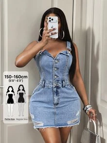 Jeanoix Petite Y2K Women's All-Season Blue Distressed Denim Petite Pinafore Dress - Medium Wash - View 1