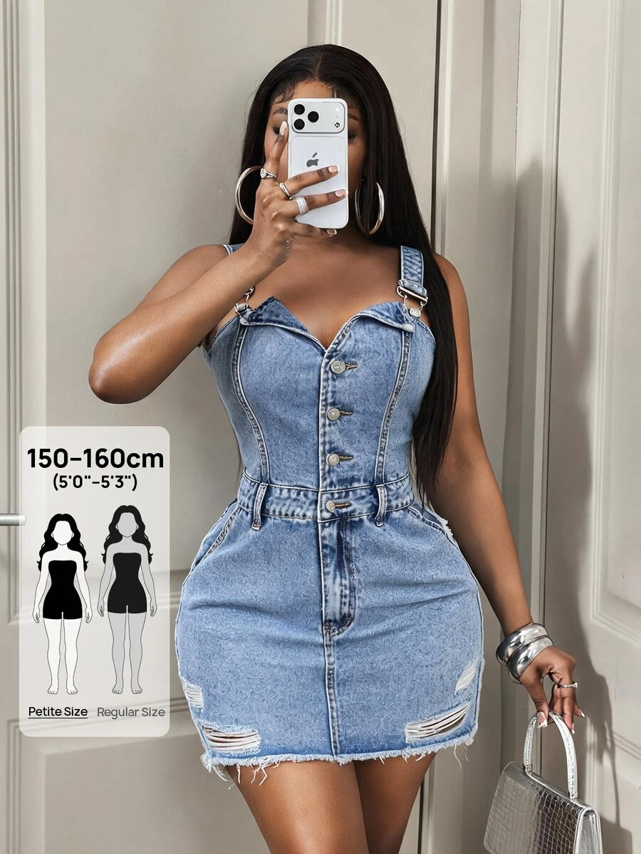 Jeanoix Petite Y2K Women's All-Season Blue Distressed Denim Petite Pinafore Dress - Medium Wash - View 1
