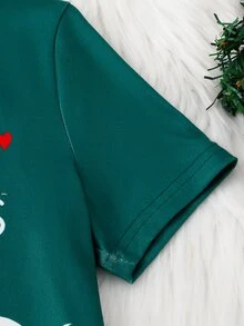 Teen Girl Santa Claus Autumn/Winter Pajamas Christmas Tree Stretchy Ribbed Snug Fit Short Sleeve Shorts Crew Neck Top Print Allover Letter Green - Dark Green - View 6